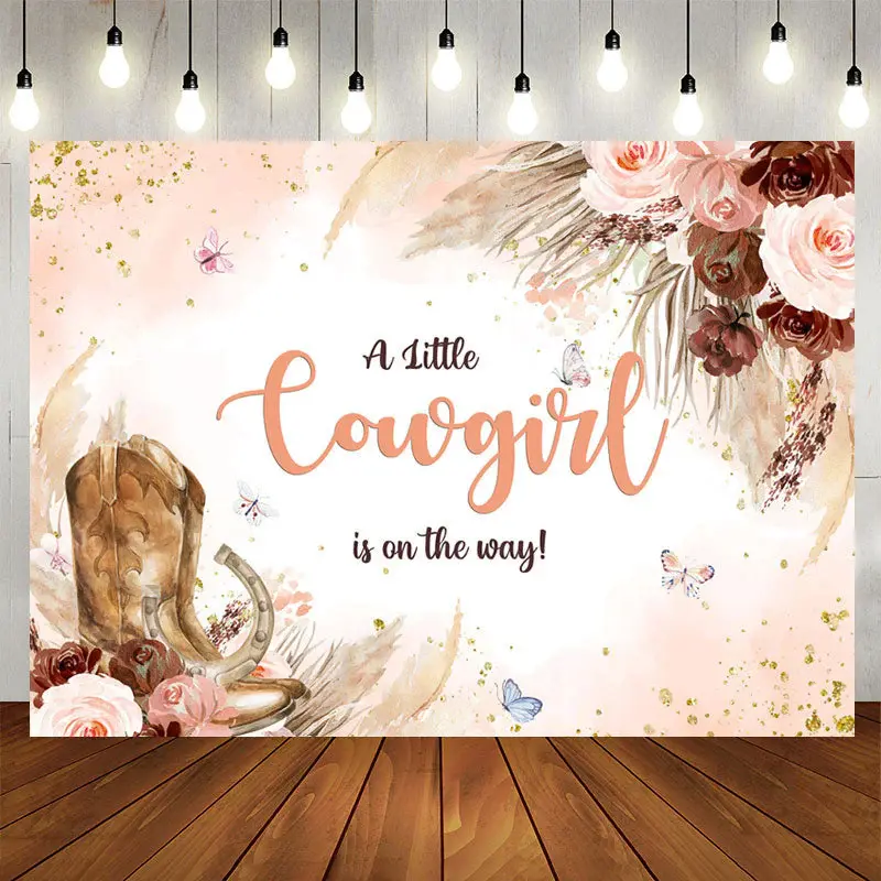 Aperturee Cowgirl Is On The Way Floral Baby Shower Backdrop