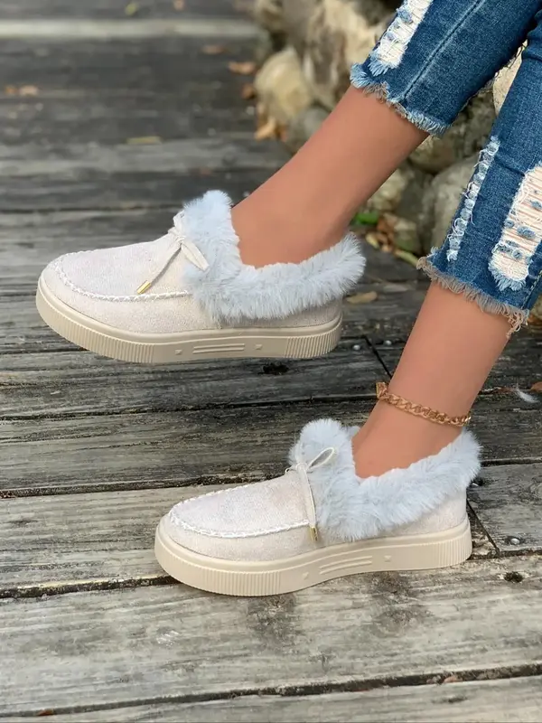 Women's Solid Bow Decorated Snow Boots, Casual Comfortable Warm Fluffy Lined Ankle Boots for Fall & Winter, Female All-match ...