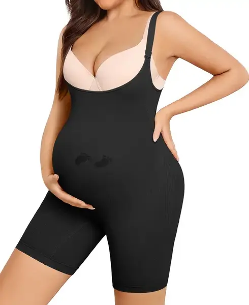 Y25D Women Maternity Bodysuit Shorts Underwear Seamless Pregnancy Shapewear Shorts Under Dresses Belly Support Adjustable Str...