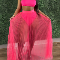 Women 3 Piece Swimsuit Set, Bandeau Bikini And Fishnet Hollow Out Beach Maxi Dress Cover Ups Party Skirts, Clubwear Set, Wome...