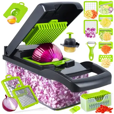 Multifunctional Vegetable Chopper & Slicer - 8 Blades, Onion & Carrot Dicer with Container  Utensils Kitchen Multicolor