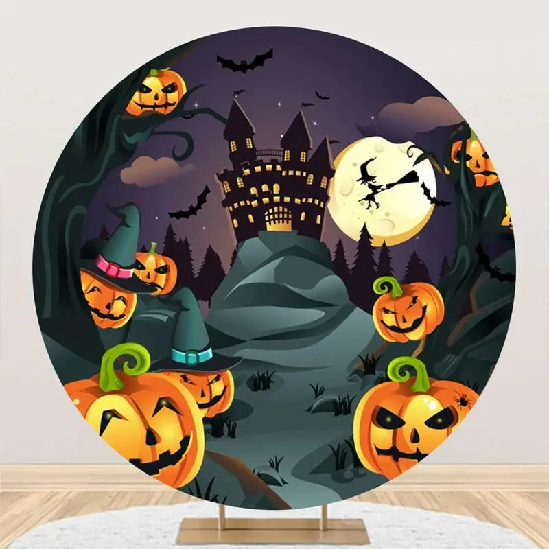 Castle Pumpkins Moon Night Round Halloween Backdrop
