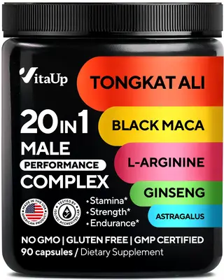 VitaUp Tongkat Ali Complex 20 in 1 - USA Made Male Supplement with Black Maca, L-Arginine, Ginseng, Calcium for Strength & En...