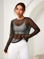 Women's Solid Sheer Round Neck Mesh Sports Tee without Bra, Long Sleeve Crew Neck T-shirt for Daily Outdoor Wear, Ladies Spor...