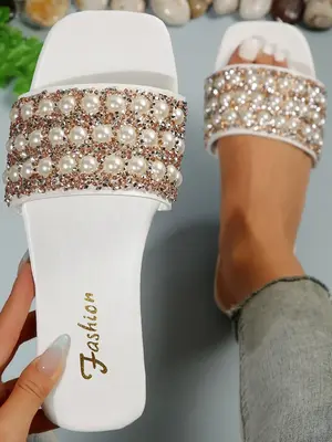 Women's Summer 2024 Elegant Faux Pearl Decor Slip on Slide Sandals, 1 Pair Trendy Square Toe Flat Sandals, Chic All-match Sho...