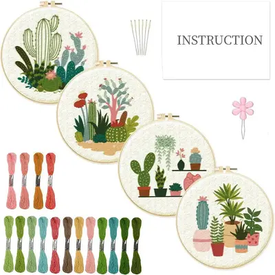 Cactus Pattern Embroidery Starter Kit, Including Embroidery Cloth, Hoop, Floss, Needle, Threader & Shear, Cross Stitch Embroi...