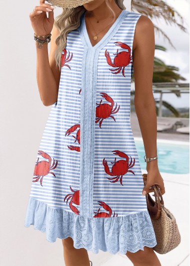 Modlily Light Blue Embroidery Marine Life Print A Line Dress - M