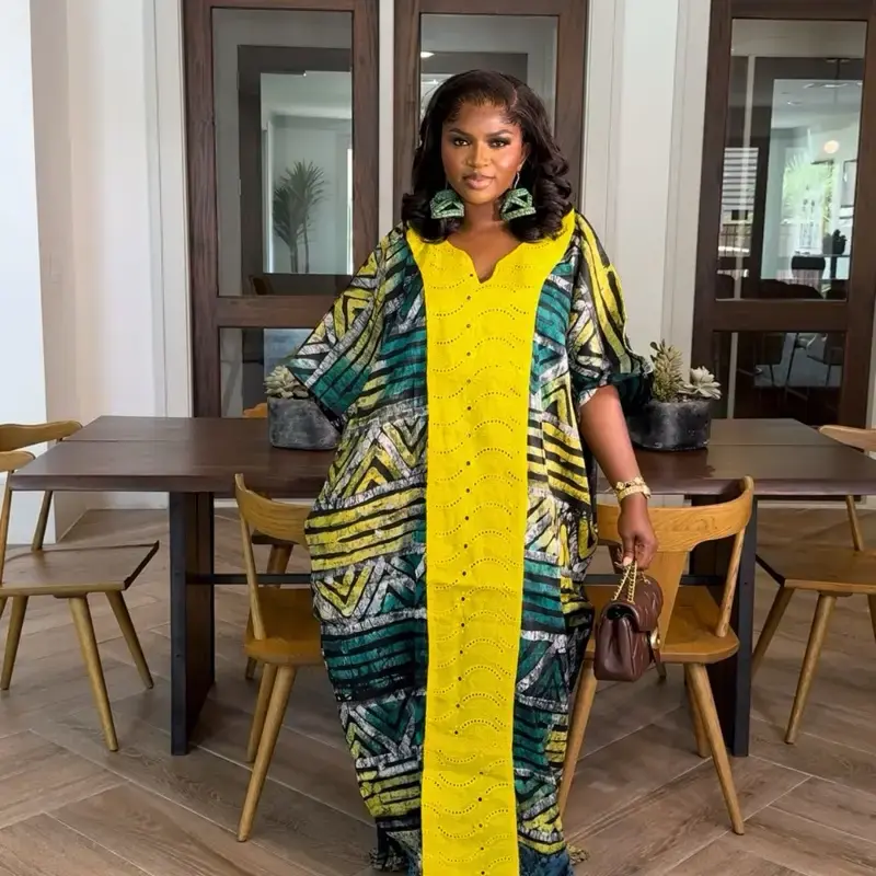 Adire Maxi Kaftan Bubu Dress for Women - Stylish Elegant Casual Comfortable Everyday Wear Yellow Green Print Fashionable Wome...