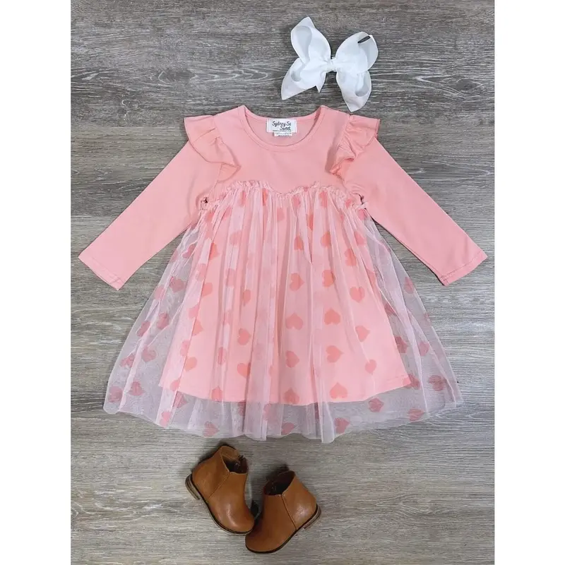 Baby Pink Hearts Tulle Chiffon Ruffle Girls or Toddler Valentine's Day Special Occasion Holiday Birthday Long Sleeve Dress