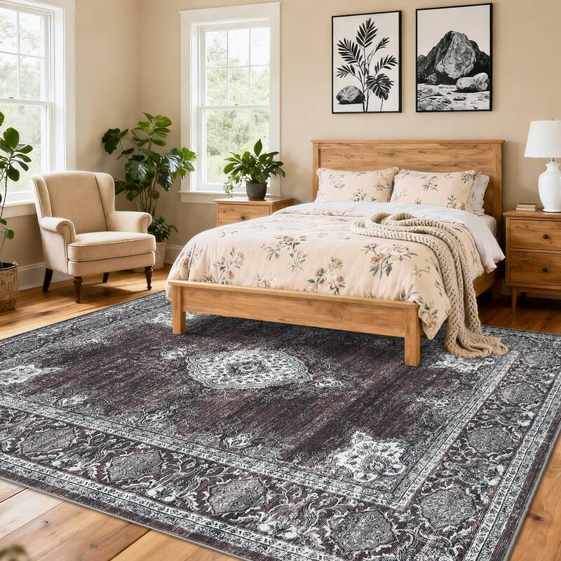 Garvee Floral Vintage Area Rug Soft Non Slip Machine Washable Distressed Vintage Rust Red 5x7ft Living Bedroom Dining Room