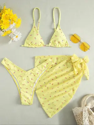 Three-Piece Set Women's Ditsy Floral Print Bow Decor Swimsuit Set, Summer Clothes Women, Adjustable Strap Triangle Bikini Br...
