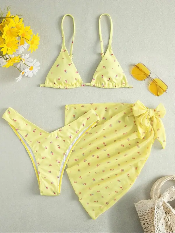 Three-Piece Set Women's Ditsy Floral Print Bow Decor Swimsuit Set, Summer Clothes Women, Adjustable Strap Triangle Bikini Br...