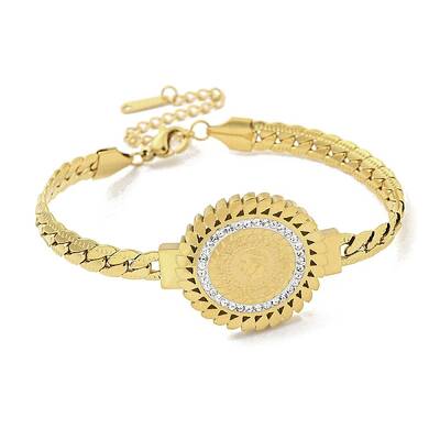 304 Stainless Steel Micro Pave Clear Cubic Zirconia Flat Round Link Bracelets for Women