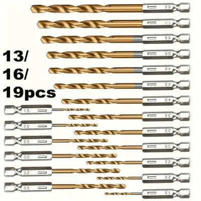 Titanium Coated High Speed Steel Drill Set, Hex-shank Drill Bit Set, Quick Change Drill Bit Set for Wood, Soft Metals and Pla...