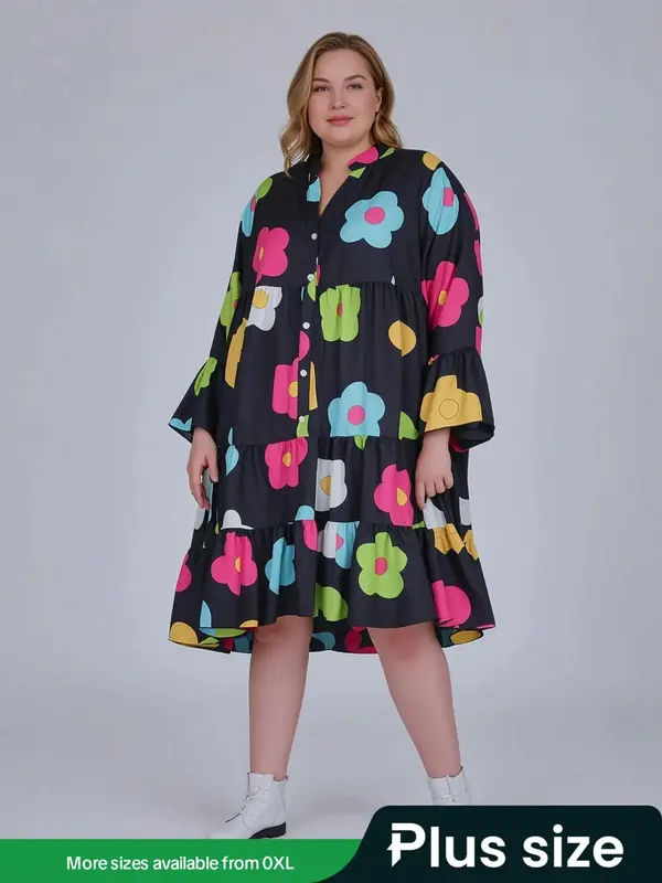 Plus Size Cartoon Floral Print Button Front Ruffle Hem Smock Dress, Casual Notched Neck Flounce Sleeve Dress for Spring & Fal...