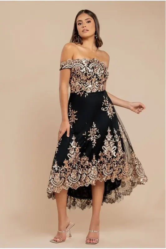 Goddiva Bardot Sequin & Lace High Low Midi - Champagne