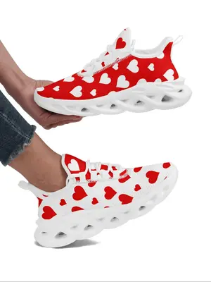 Women's Heart Print Lace Up Low Top Sneakers, Casual Comfortable Breathable Lightweight Running Shoes, Fashionable All-match ...