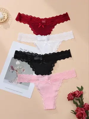Women's Bow Front Contrast Lace Thong, Breathable Comfortable Knicker for Daily Wear, Summer Outfits 2024, Ladies Underwear ...