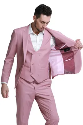 Men's Slim Fit Wedding Suit - Mauve Pink Double Breasted Vest with Peak Lapel