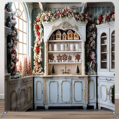 Aperturee Floral Wreath White Cupboard Xmas Square Backdrop | Winter Wonderland Backdrop | Christmas Photo Backdrop | Christm...