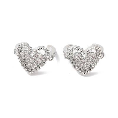 Hollow Heart Brass Micro Pave Cubic Zirconia Cuff Earrings for Women