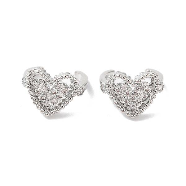 Hollow Heart Brass Micro Pave Cubic Zirconia Cuff Earrings for Women