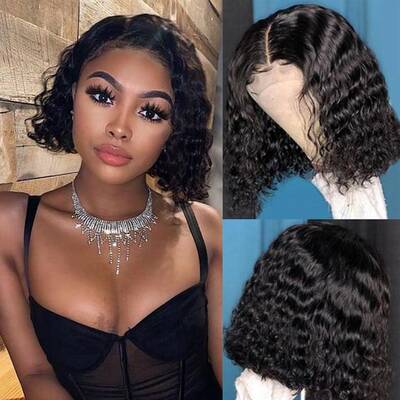 Deep Wave Bob Wig Blunt Cut Lace Front Wig 10A Human Hair Natural Black