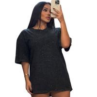 Kiki Fashion Oversized Tshirt with Full Rhinestones Casual Round Neck