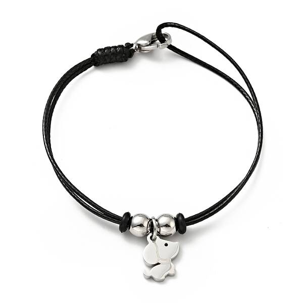 304 Stainless Steel Dog Charm Bracelet with Waxed Cord for Women