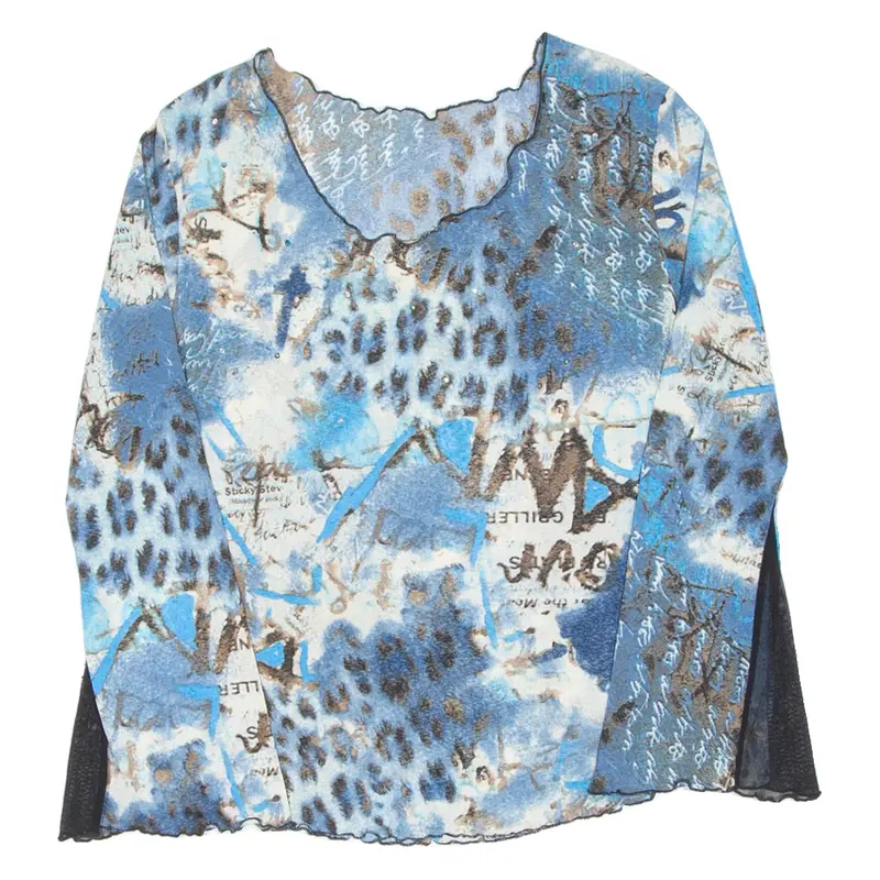 Sheer Womens Printed Top Blue Long Sleeve Crazy Pattern M