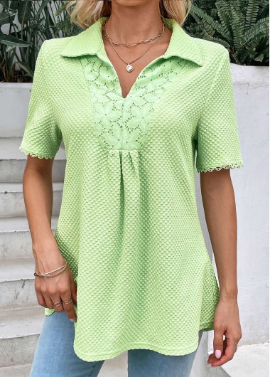 Modlily Light Green Patchwork Short Sleeve Shirt Collar Blouse - XXL