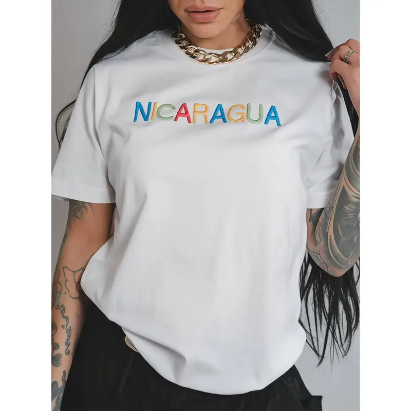 Nicaragua Women's Cotton T-shirt - Casual Round Neck Short Sleeve Knitted Fabric Regular Length Letter Pattern Fitted Machine...