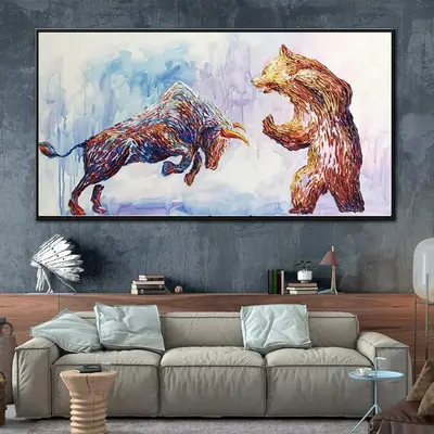 Stock Market Gift Bear vs Bull Office Decor Wall Street Office Painting  | RAISED RISKS