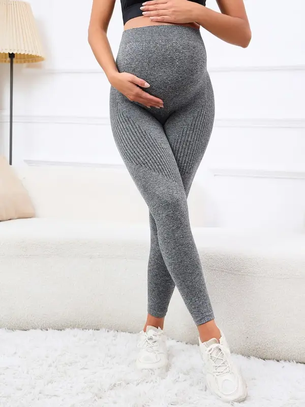 Women's Solid High Waist Pregnancy Leggings, Tight-fitting Cozy Breathable High Stretch Seamless Skinny Pants, Maternity Clot...