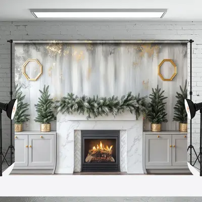 White Fireplace House Indoor Winter Christmas Backdrop - Aperturee