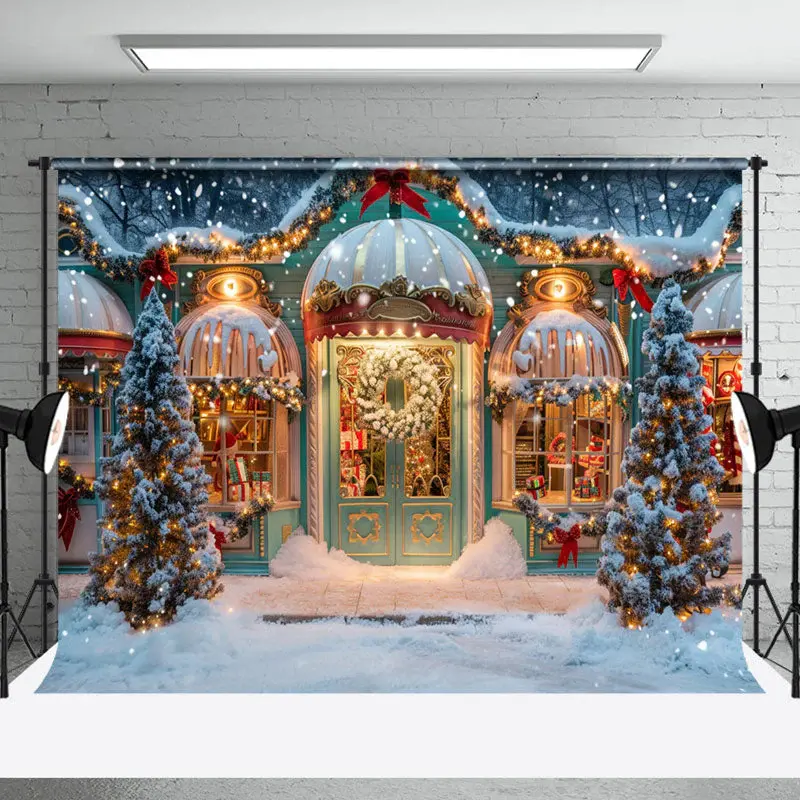 Winter Snowy Green Store Trees Christmas Backdrop