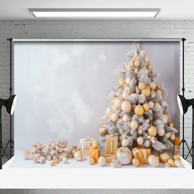 White Wall Xmas Trees Bells Gifts Christmas Backdrop - Aperturee