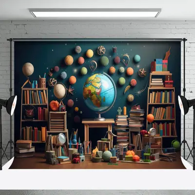 Geography Bookcase Globe Retro Wall Photo Backdrop - Aperturee