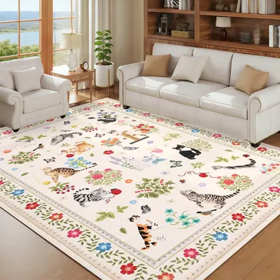 Garvee Washable Cat Area Rug – Modern Farmhouse Floral Edge, Non-Slip, Mark Resistant, Soft Low Pile Carpet – Collapsible...