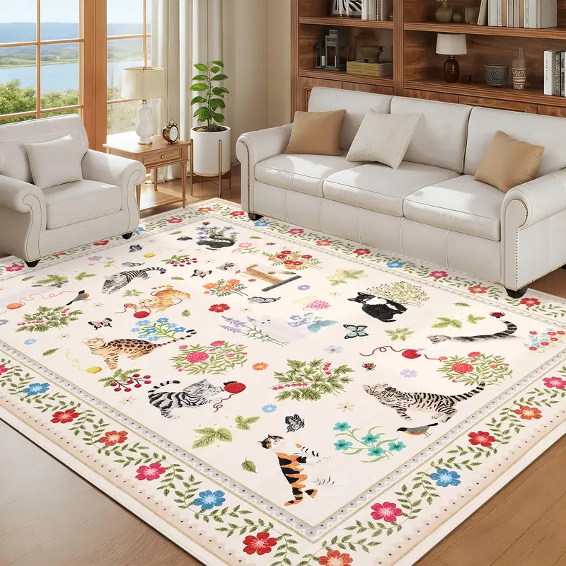 Garvee Washable Cat Area Rug – Modern Farmhouse Floral Edge, Non-Slip, Mark Resistant, Soft Low Pile Carpet – Collapsible...