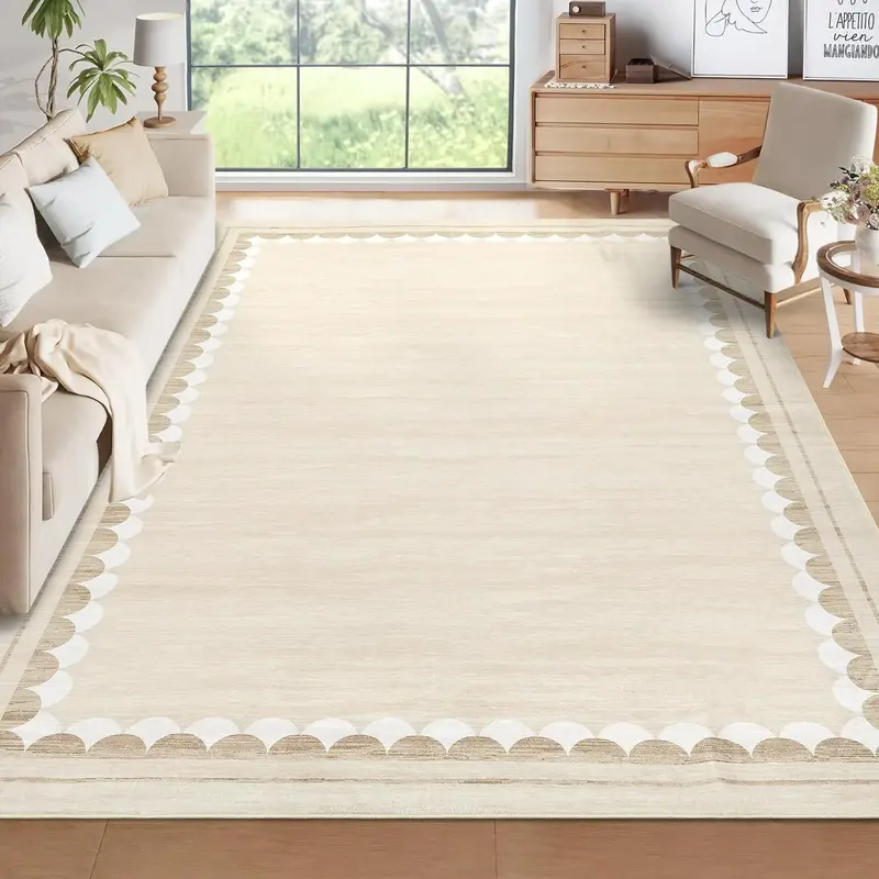 Garvee Washable Area Rug Solid 10x13 Low-Pile Non-Slip Stain-Resistant Polyester Scalloped Border Modern Design Living Room B...