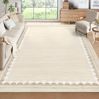 Garvee Washable Area Rug Solid 10x13 Low-Pile Non-Slip Stain-Resistant Polyester Scalloped Border Modern Design Living Room B...