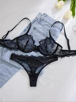 Women's Solid Color Underwire Lace Bra & Panty Two-Piece Set, Soft Comfortable Breathable Lingerie Set, Lingerie Set for Wome...