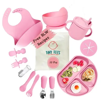 TinyTots Silicone Baby Feeding Set 13 pcs with BLW Recipes. Baby Plates and Bowls Set, Baby & Toddler Spoons Set, Sippy Cup &...