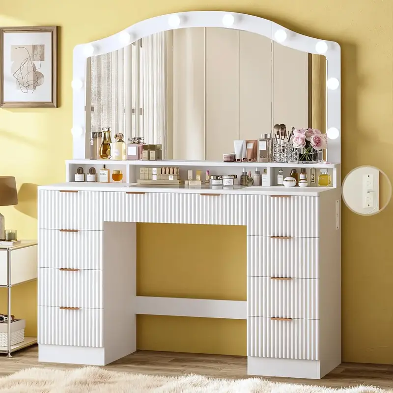 Fluted Vanity Desk with Large Mirror, 46inch Glass Top Makeup Vanity Desk with Lights & Fluted Panel Design, 9 Drawers, 3 Col...
