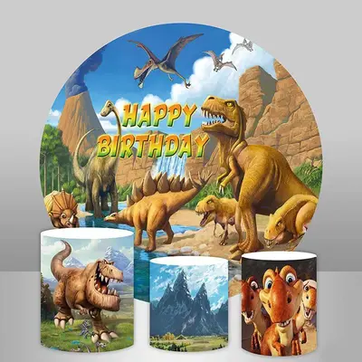 Aperturee Yellow Montain Dinosaur Themed Circle Birthday Backdrop | Circle Backdrops For Birthday | Round Backdrop Cover Diy ...