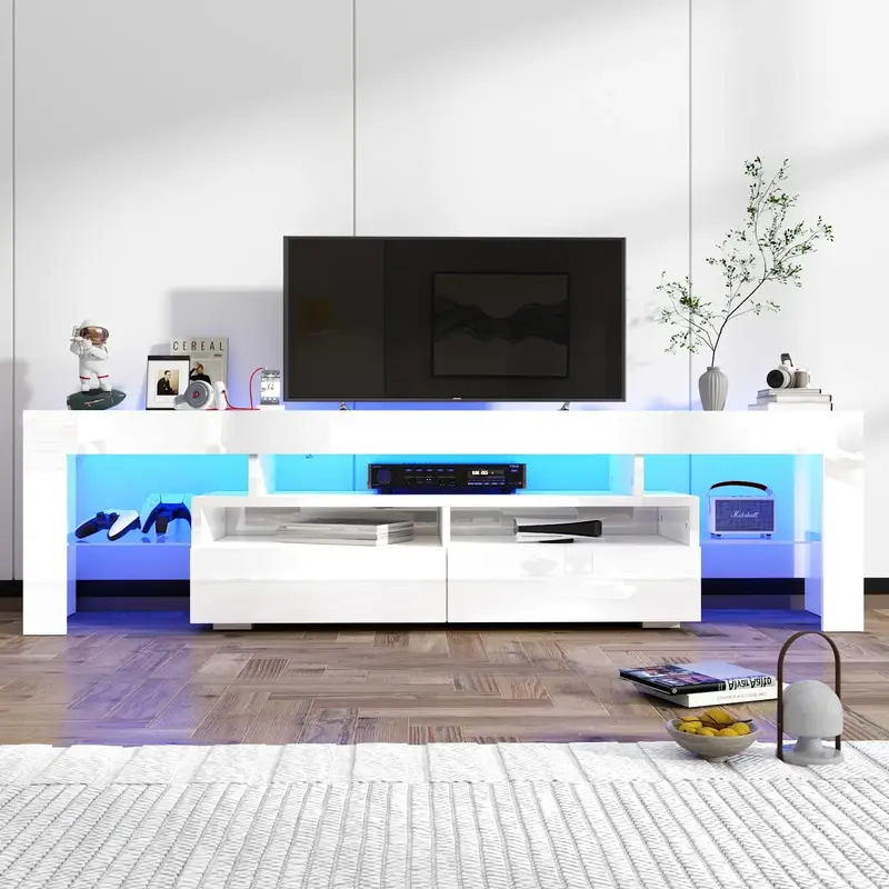 70in LED TV Stand for 75/80 inch TV, High Glossy Modern Entertainment Center with Drawer and Open Shelf, Television Table Cen...