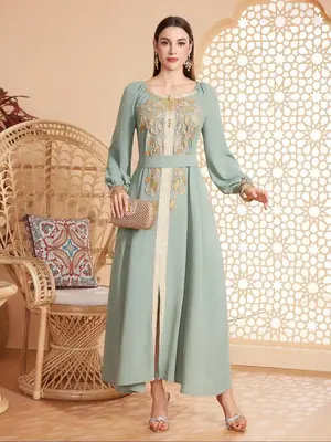 Women's Floral Embroidery Belted Dress, Elegant Modest Long Sleeve Dress for Party Wedding Guest, Ladies Islamic Clothing for...