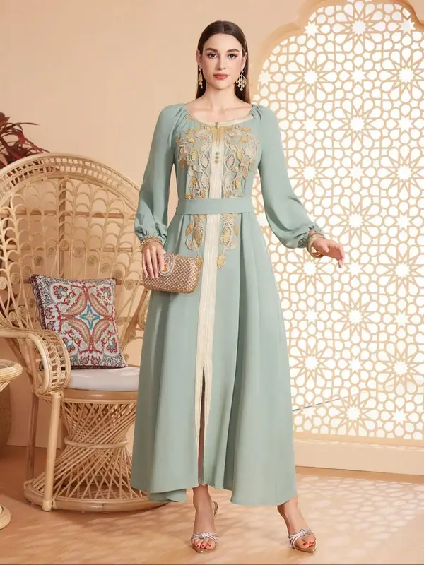 Women's Floral Embroidery Belted Dress, Elegant Modest Long Sleeve Dress for Party Wedding Guest, Ladies Islamic Clothing for...
