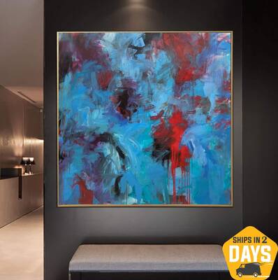 Original Abstract Blue Paintings On Canvas Modern Acrylic Artwork Abstract Fine Art | BLUE CURACAO 40"x40"